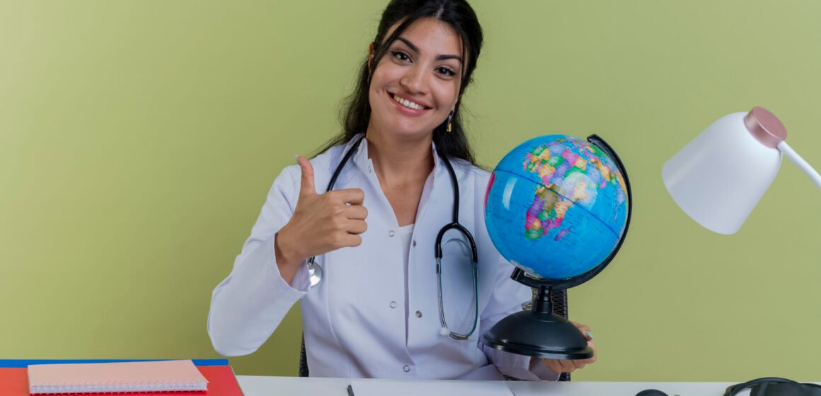 smiling young female doctor wearing medical robe and stethoscope sitting at desk with medical tools holding globe looking at camera showing thumb up isolated on olive green background Launch Your Medical Career Fast with Accelerated Pathways Career College